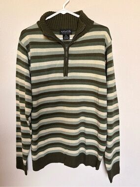 NWT Men's Green & Cream Striped Quarter Zip Sweater L